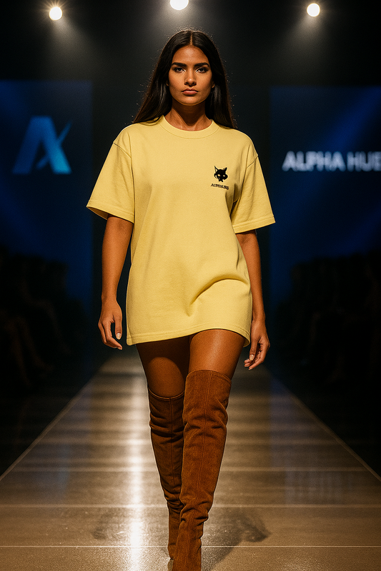 Woman wearing ALPHA HUE casual oversized shirt with print yellow t-shirt on runway
