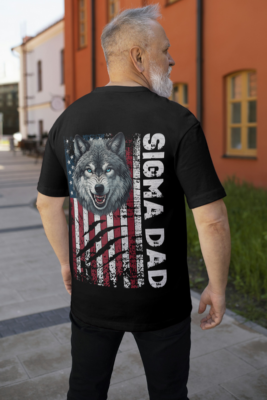 Alpha Hue men's oversized graphic t-shirt featuring Sigma Dad design with wolf and American flag