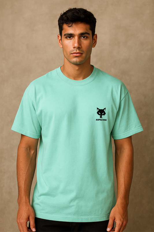Alpha Hue men's oversized graphic t-shirt in light green with small black logo on chest