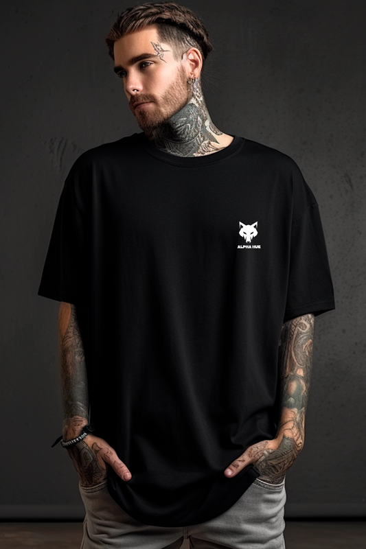 Alpha hue men’s oversized graphic tee in black terry fabric with a small white fox logo on the chest