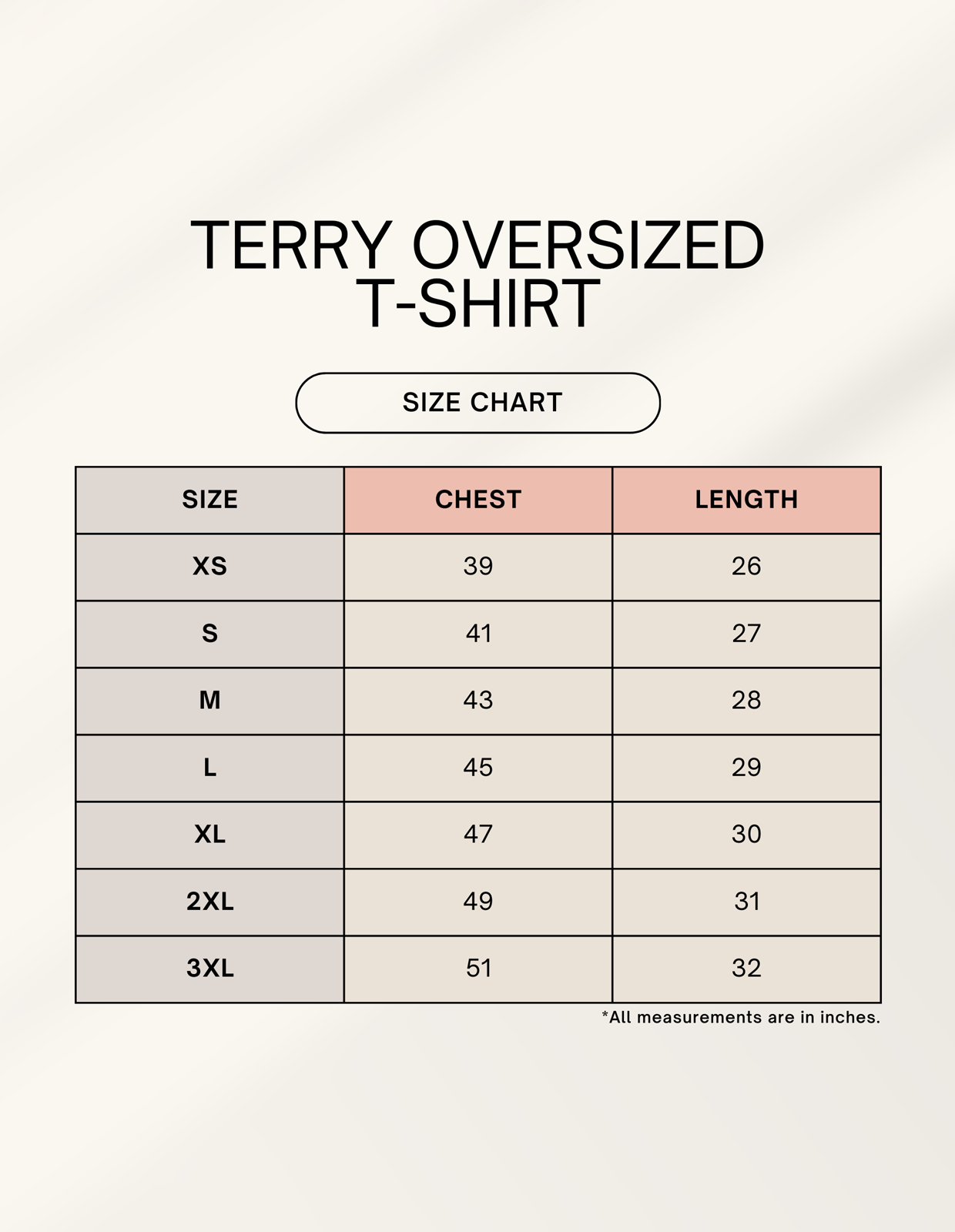 Size chart for men's oversized graphic tee showing chest and length measurements in inches from XS to 3XL
