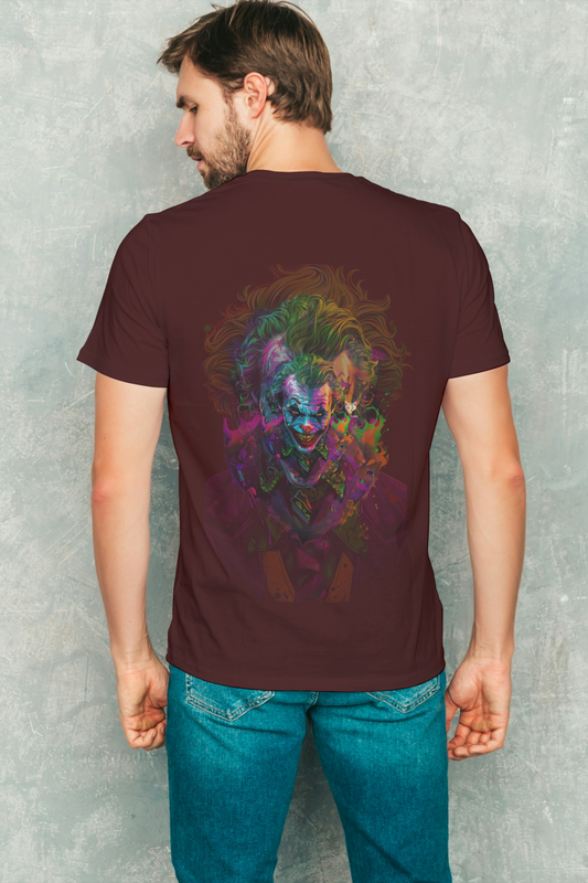 Alpha hue Supima cotton t-shirt for men in maroon with colorful Joker graphic on back