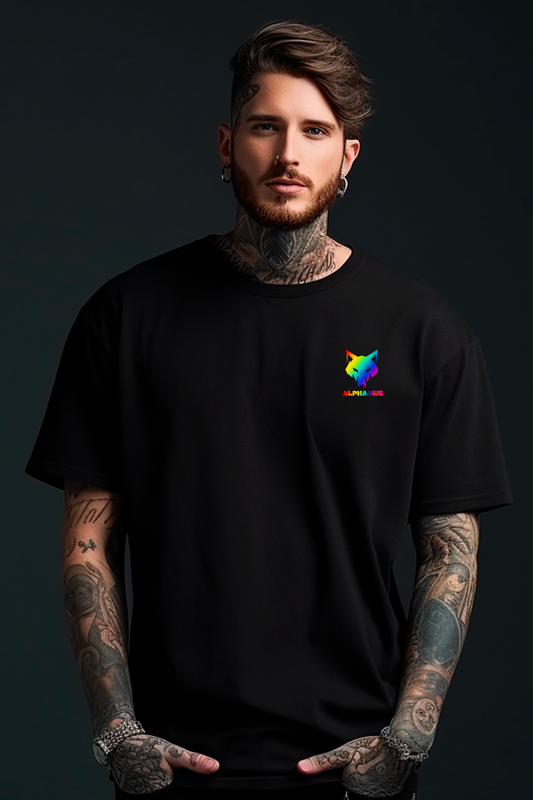 Alpha Hue men's oversized terry tee in black with colorful logo worn by tattooed male model