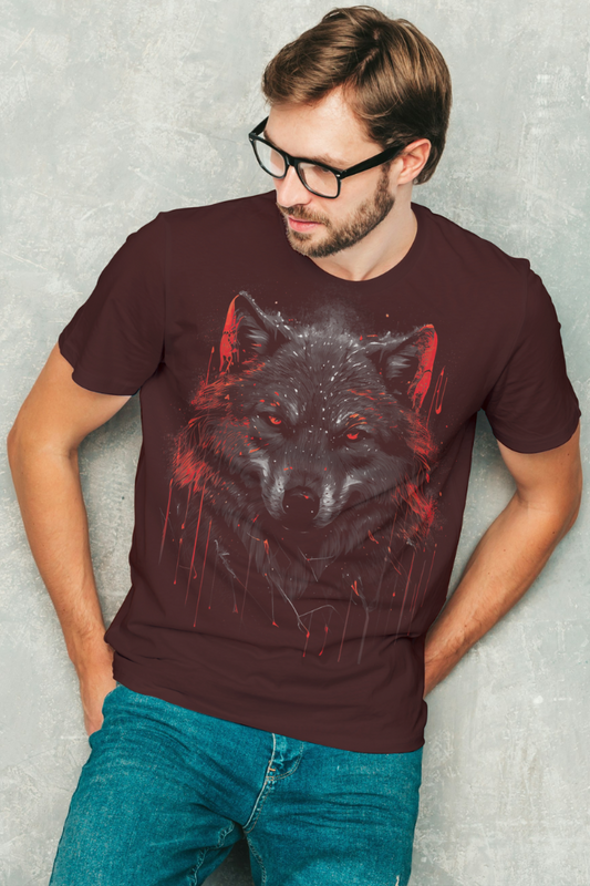 Men's Supima cotton t-shirt by alpha hue featuring a graphic wolf design in dark red and black
