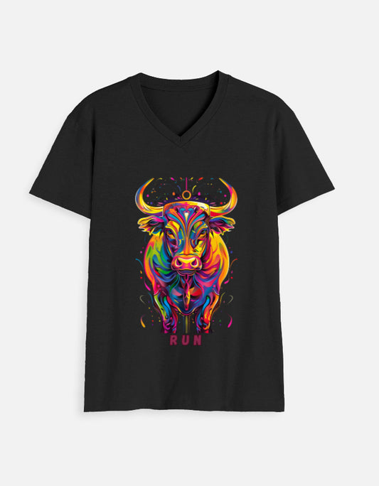Black men's v neck bull run t shirt with colorful bull graphic and run text on front