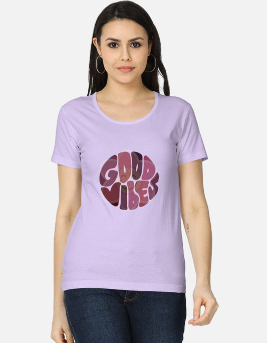 Alpha hue women's classic t-shirt in lavender with Good Vibes graphic design on front