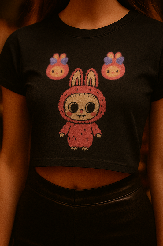 ALPHA HUE cute graphic crop top for women with cartoon bunny and flower design in black