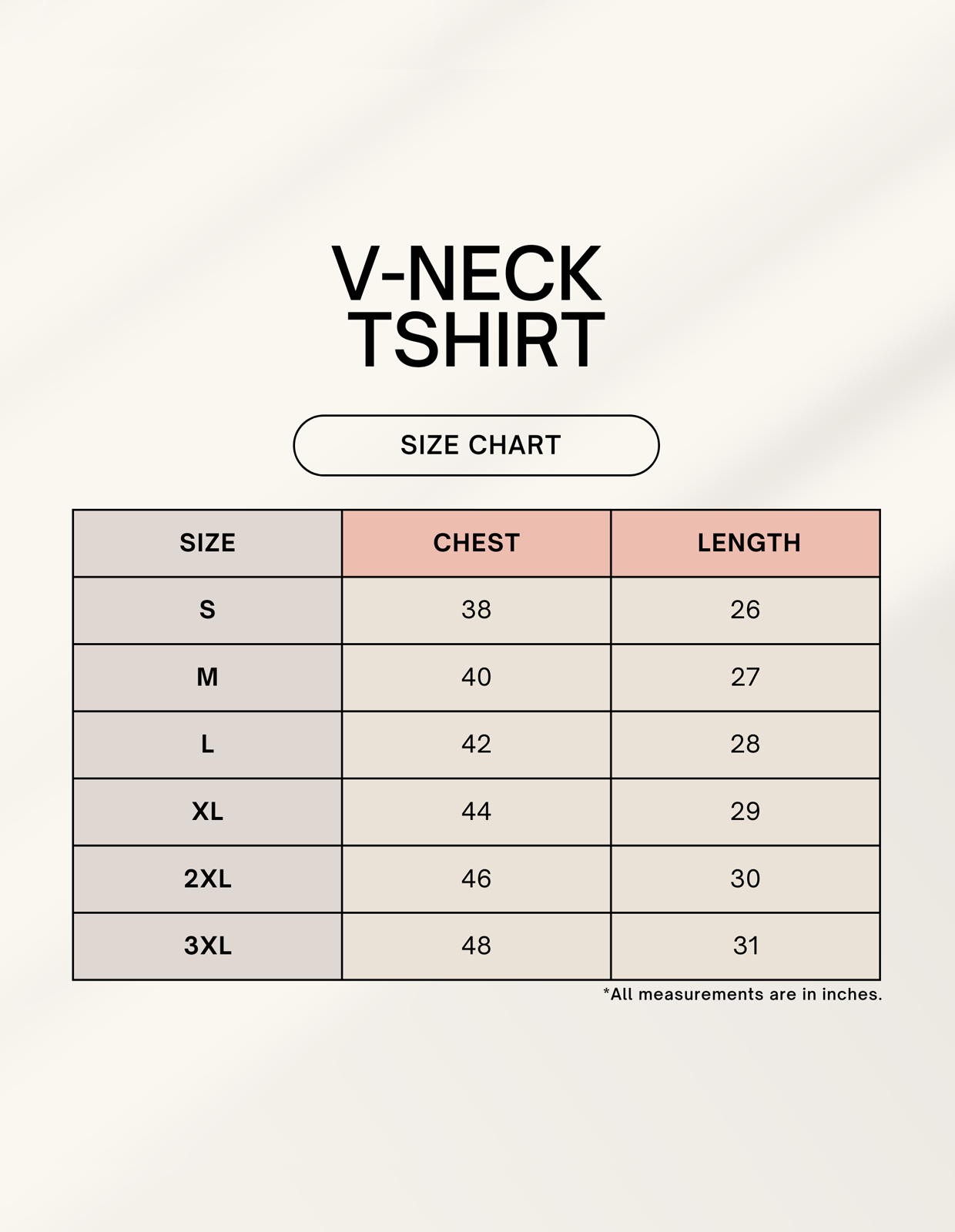 Alpha hue size chart for men V neck t-shirt with chest and length measurements in inches