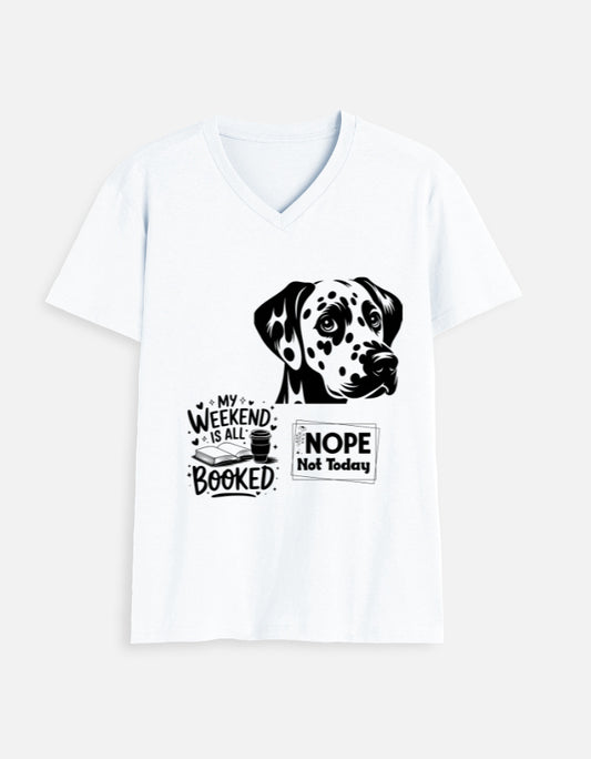 Alpha Hue men v neck t-shirt with funny dog graphic tee for men featuring a Dalmatian and humorous weekend slogan