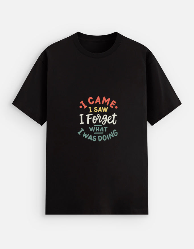 Alpha Hue black graphic stretch tee for men with colorful humorous text design