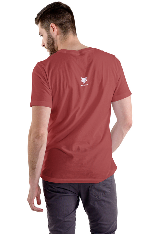 Alpha hue graphic stretch tee for men in red shown from back with small logo detail