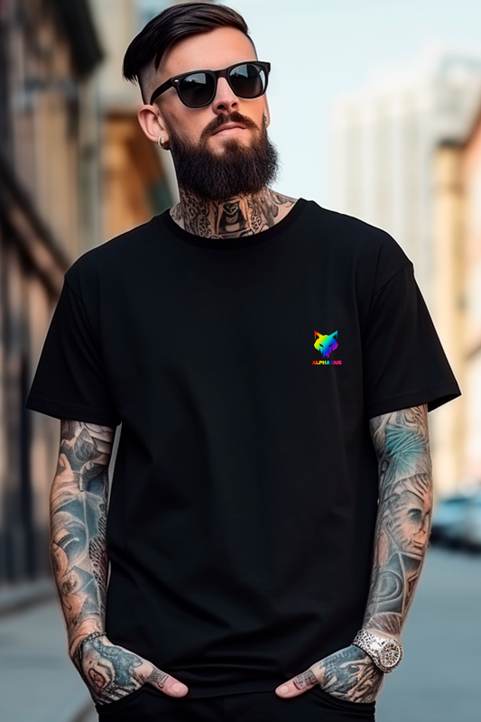 Alpha Hue men oversized graphic t-shirt in black worn by tattooed man with sunglasses