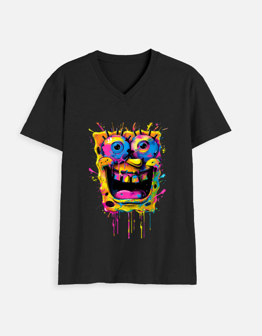 alpha hue men's v neck t shirt with colorful abstract cartoon face graphic on black fabric