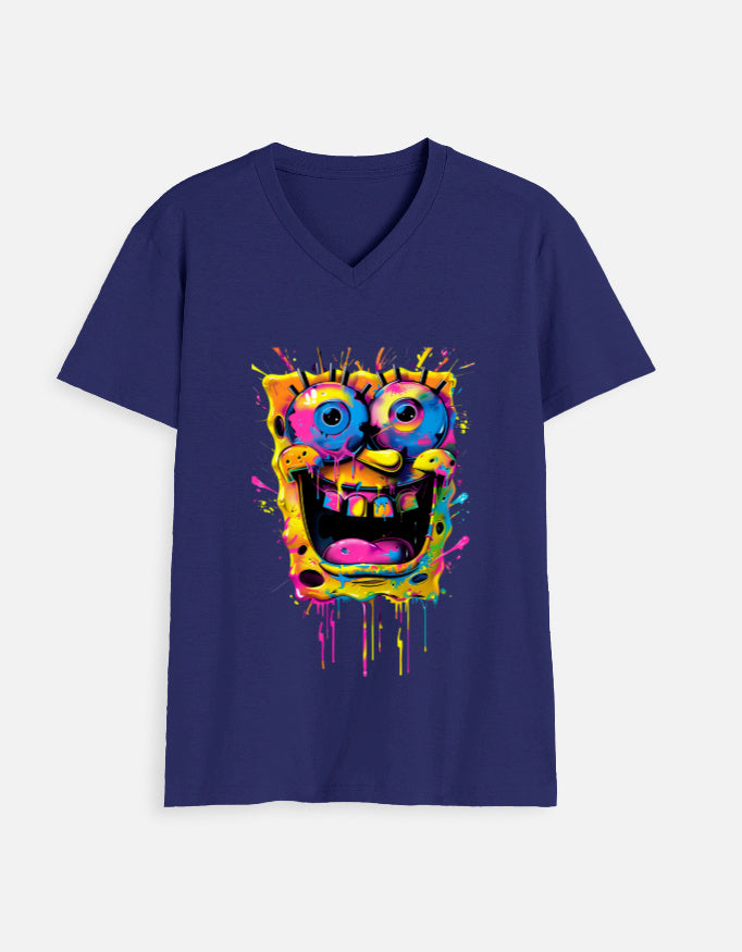 Alpha Hue men's v neck t shirt in navy blue with colorful abstract cartoon face graphic