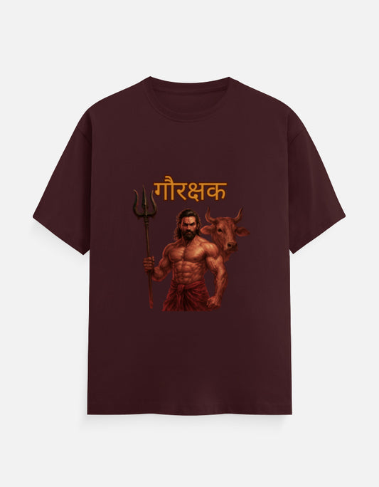 ALPHA HUE men's classic crew neck t-shirt in maroon with a graphic of a muscular man holding a trident and a bull