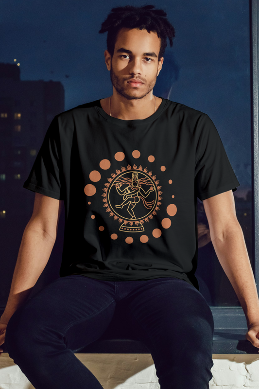 Alpha hue men's classic crew neck t-shirt in black with orange circular graphic print