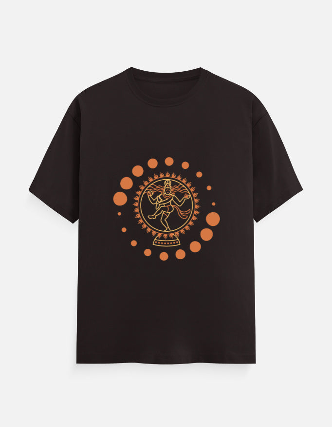 Alpha Hue men's classic crew neck t-shirt in black with orange artistic circular design on front
