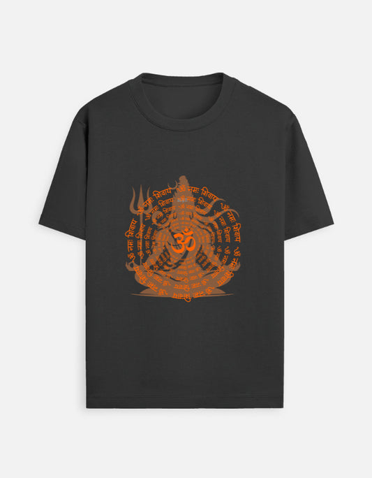 Alpha hue men's crew neck t-shirt in black with orange meditation design and Om symbol