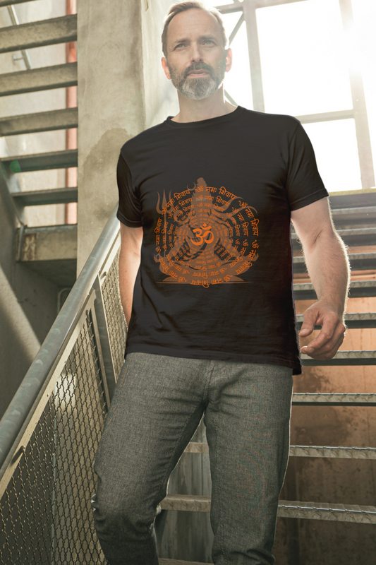 Alpha Hue black men's crew neck t-shirt with orange graphic design worn by man on staircase