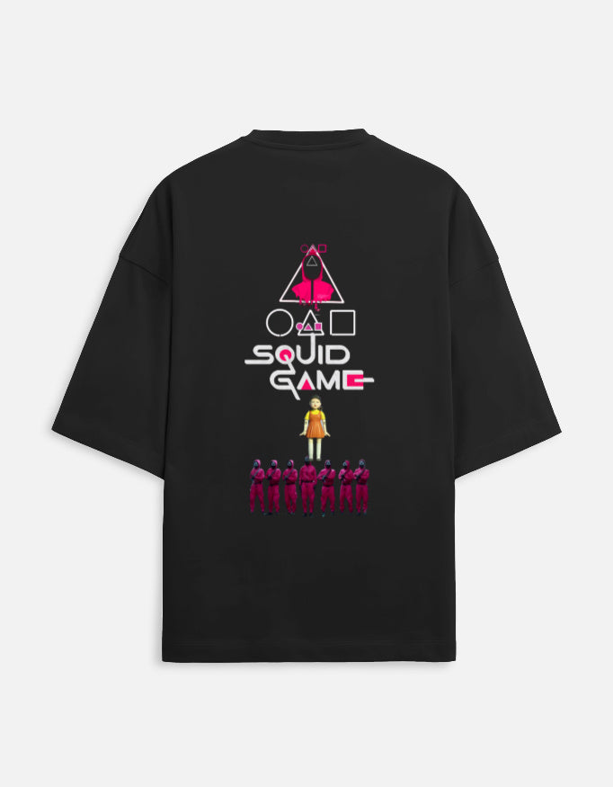 Black men's oversized squid game terry t-shirt by ALPHA HUE with graphic print on back