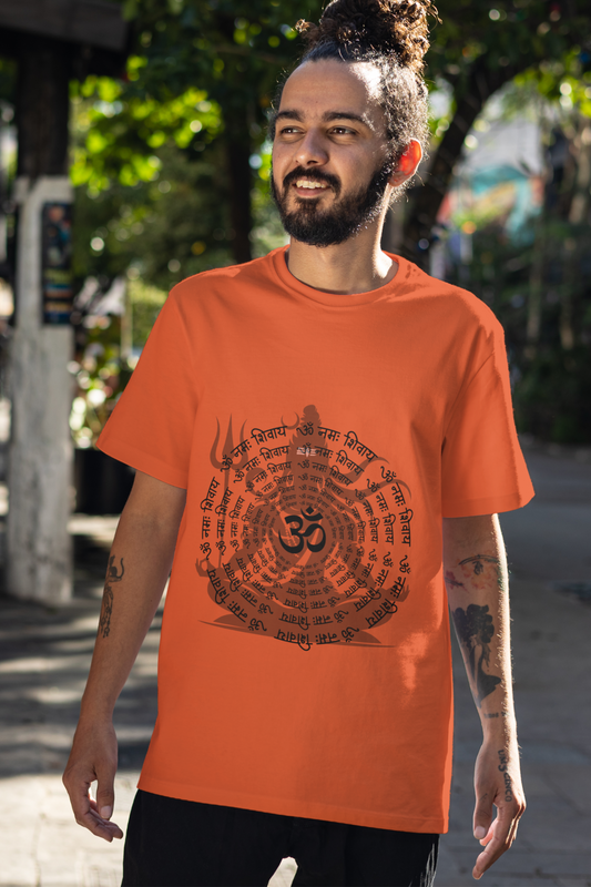 alpha hue men's spiritual graphic tee in orange with intricate black spiritual design worn by man outdoors