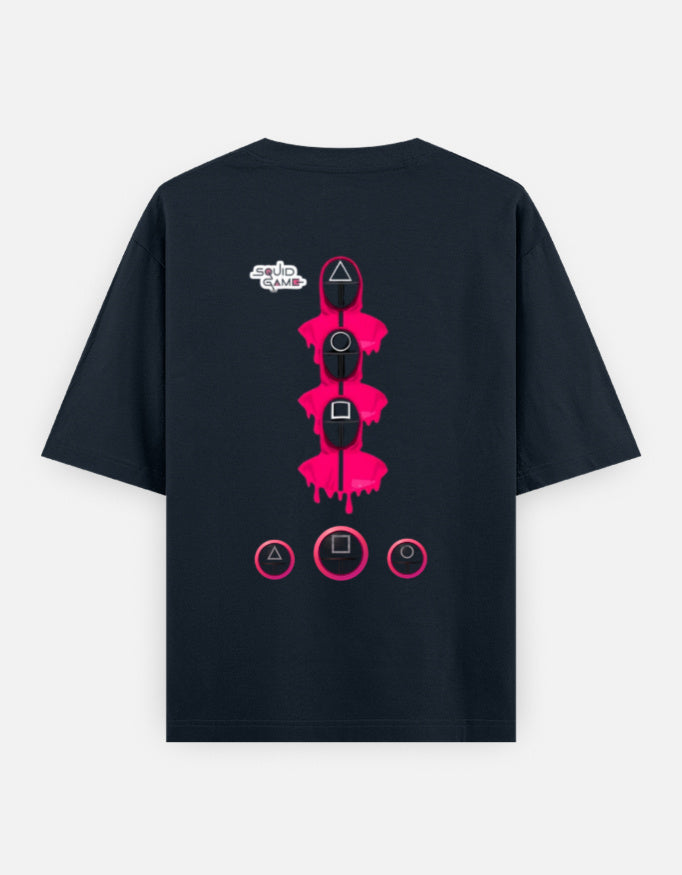 ALPHA HUE mens squid game tshirt black oversized classic t-shirt with pink and white Squid Game symbols on back