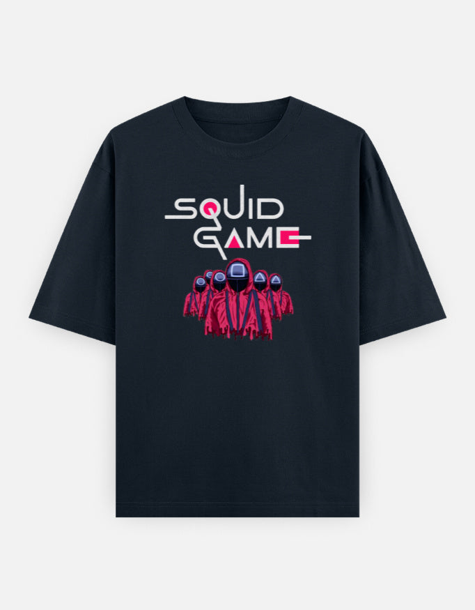 ALPHA HUE mens squid game tshirt oversized black classic t-shirt with pink character graphic