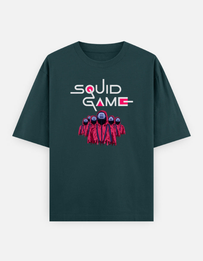 ALPHA HUE mens squid game tshirt oversized classic style with dark green fabric and Squid Game graphic