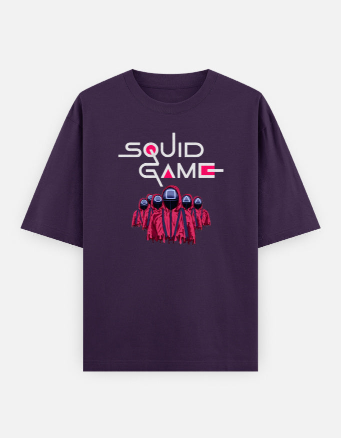 ALPHA HUE mens squid game tshirt oversized classic fit in purple with graphic characters