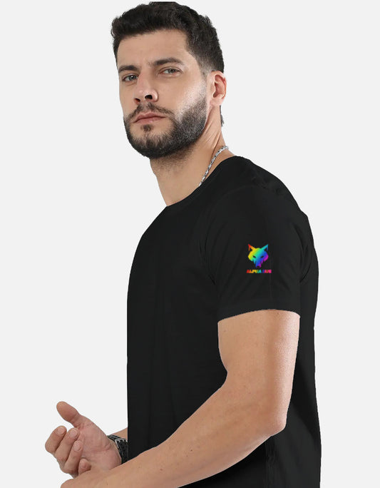 Alpha Hue black men's stretch t-shirt with short sleeves and colorful logo on sleeve