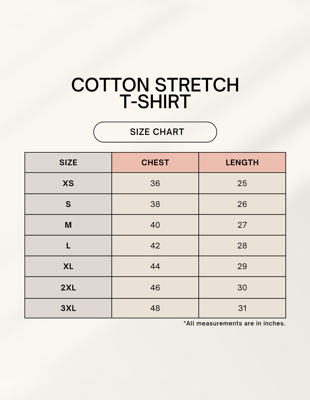 Men's stretch t-shirt size chart showing chest and length measurements in inches from XS to 3XL