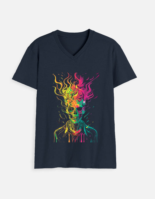 Alpha Hue men’s v neck ghost rider graphic tee in black with colorful fiery skull design