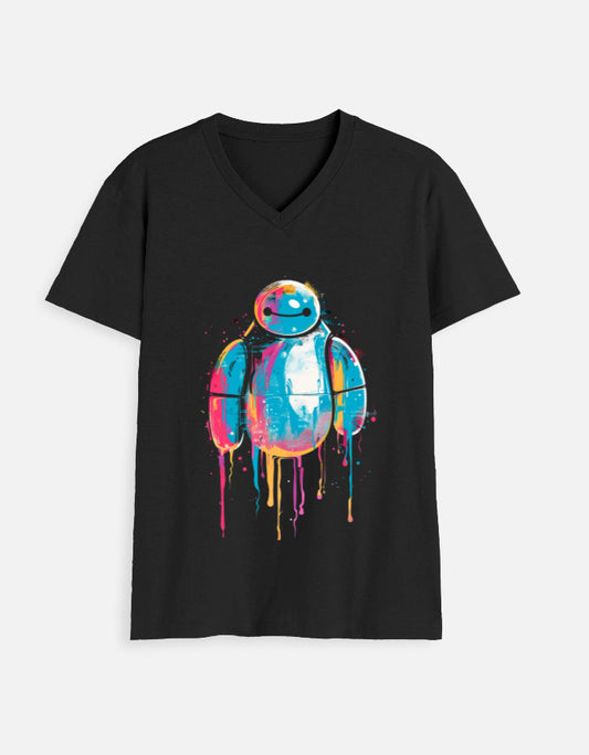 Alpha hue men's v neck t shirt in black with colorful robot graphic design