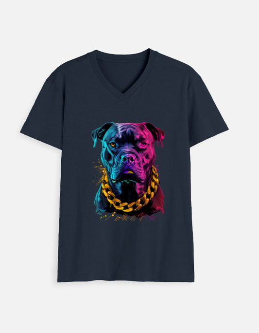 Alpha Hue men's v neck t shirt in navy with colorful dog graphic and gold chain design