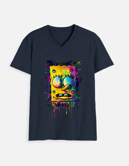 Alpha Hue men's V neck tshirt in black with colorful abstract cartoon face graphic