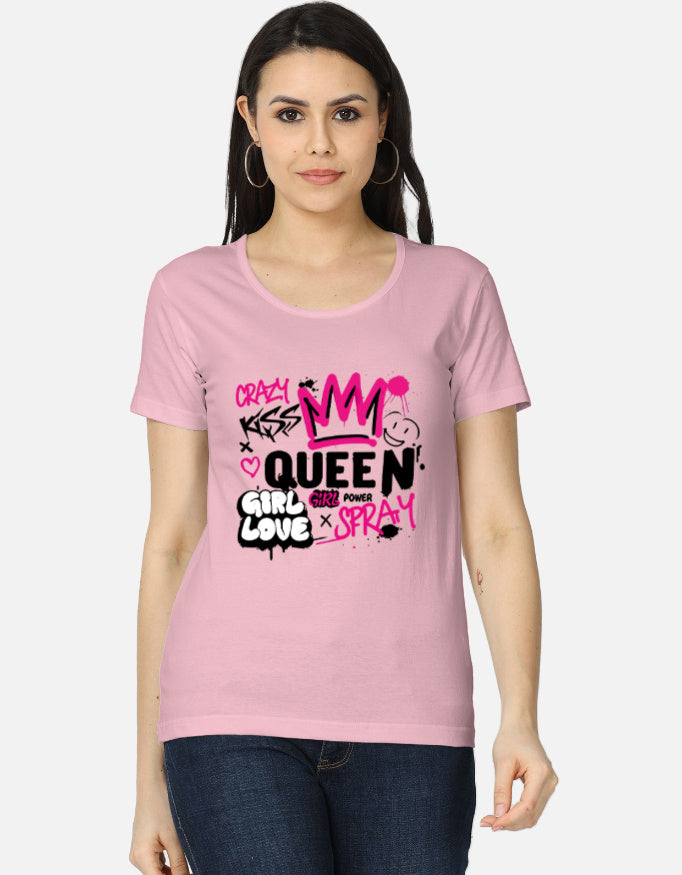 Alpha Hue queen print t-shirt for women in pink with graphic design and text elements