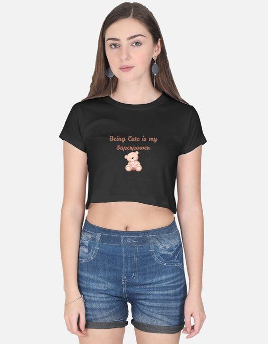 Alpha Hue black summer crop top for girls with teddy bear graphic and cute slogan