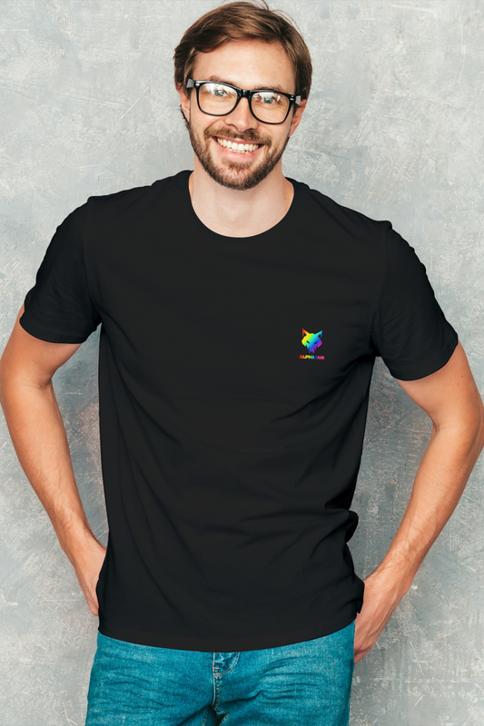 Black Supima cotton t-shirt for men by alpha hue with small colorful logo on chest
