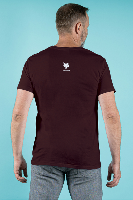 Alpha hue unisex supima cotton t shirt for men in dark maroon shown from back