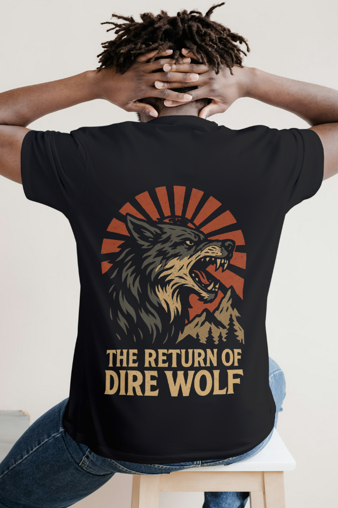 Alpha hue unisex oversized graphic t-shirt featuring a roaring dire wolf with mountain design