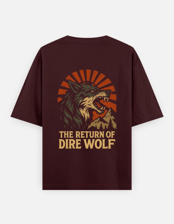 Alpha Hue unisex oversized graphic t-shirt in dark color with fierce dire wolf and mountain design