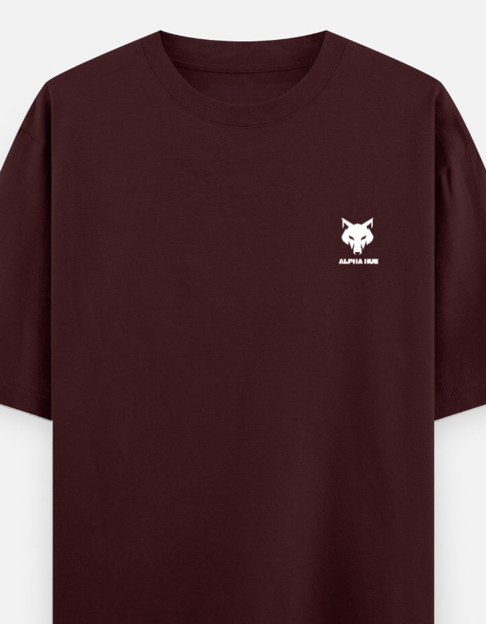 Alpha Hue unisex oversized graphic t-shirt in dark brown with small white wolf logo on chest