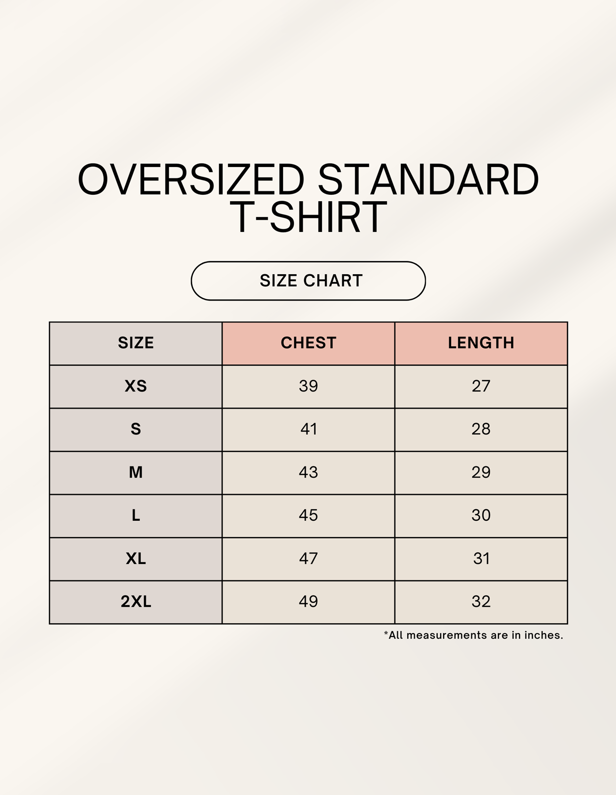 Size chart for women's oversized t-shirt by ALPHA HUE showing chest and length measurements from XS to 2XL