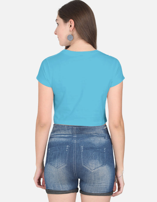 alpha hue casual crop top for girls in blue worn by woman paired with denim shorts