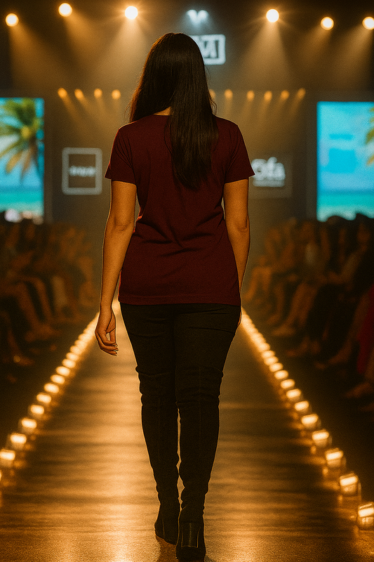 Back view of model wearing ALPHA HUE women's classic t-shirt in dark red on runway with lights