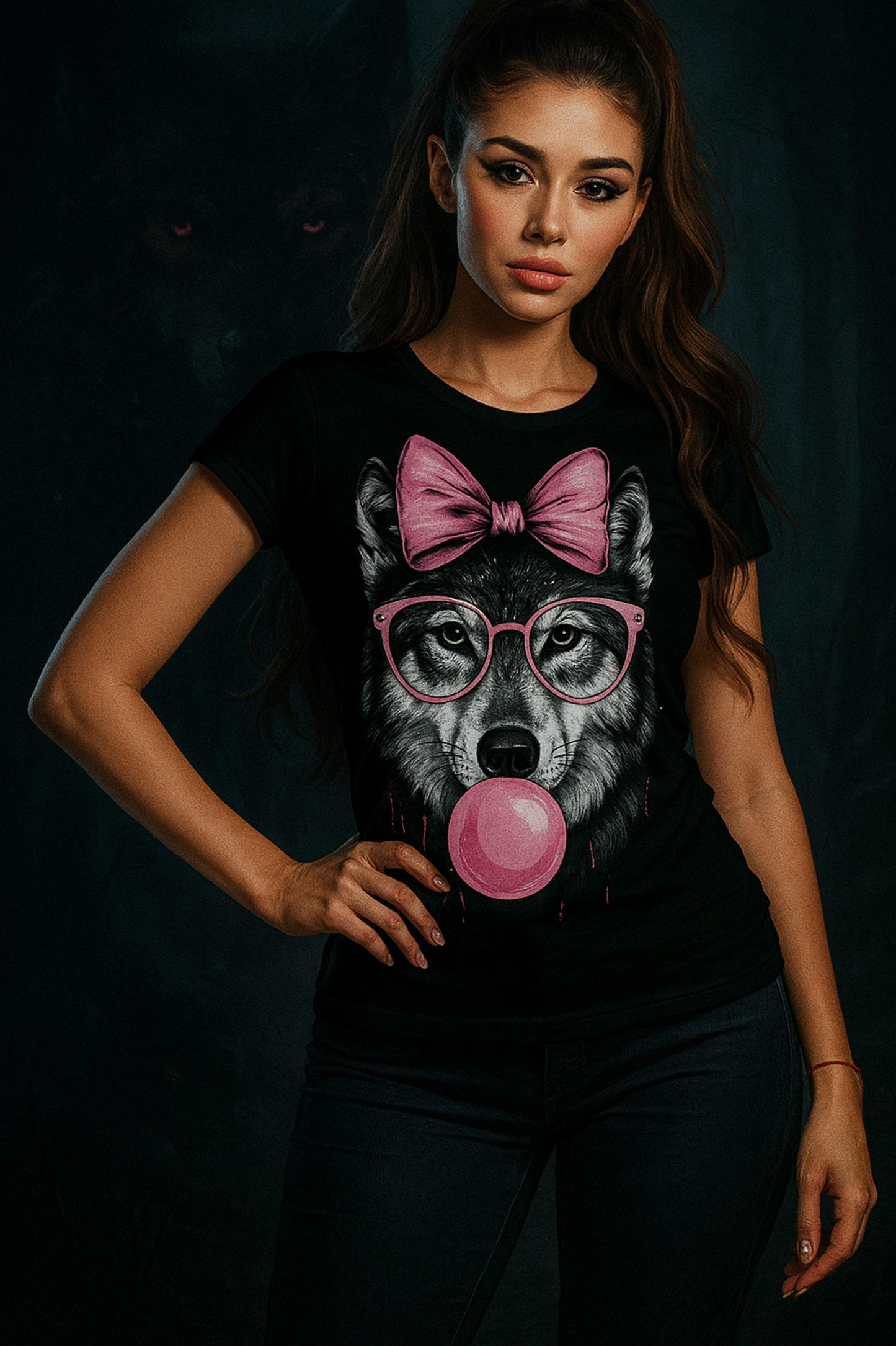 Alpha Hue women's graphic t-shirt with wolf wearing pink glasses and bow blowing bubblegum