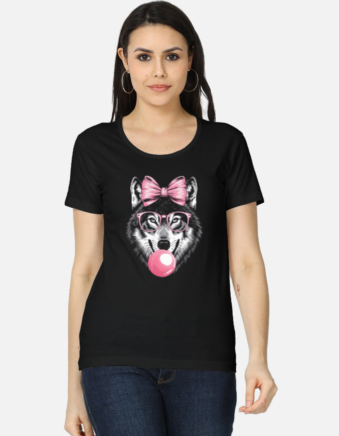 alpha hue women's graphic t-shirt featuring wolf with pink bow sunglasses and bubblegum on black classic tee