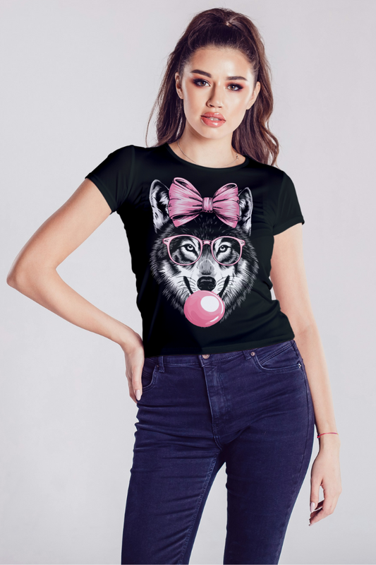 Alpha hue women's graphic t-shirt black with wolf wearing pink bow and glasses blowing bubblegum
