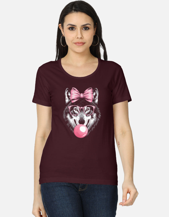 Alpha hue women's graphic t-shirt featuring a wolf with a pink bow and bubble gum on a maroon classic tee