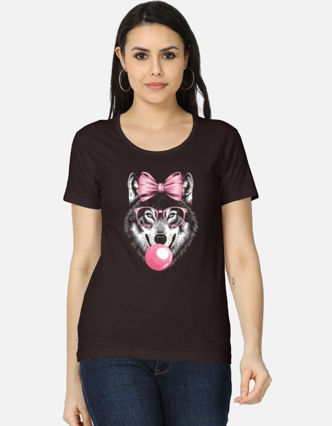 Alpha hue women's graphic t-shirt featuring wolf with pink bow and bubblegum print